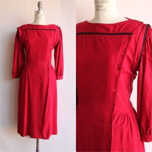 Vintage 1980s Dress, Joanie Char Red Silk Shirtwaist with Black Trim, Pockets